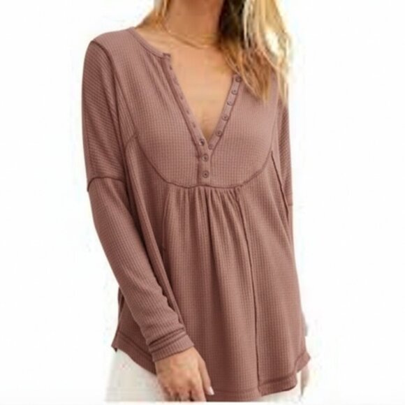 Free People Tops - Free People Heartbreaker Thermal Oversized Babydoll Henley Buttoned Top Size L